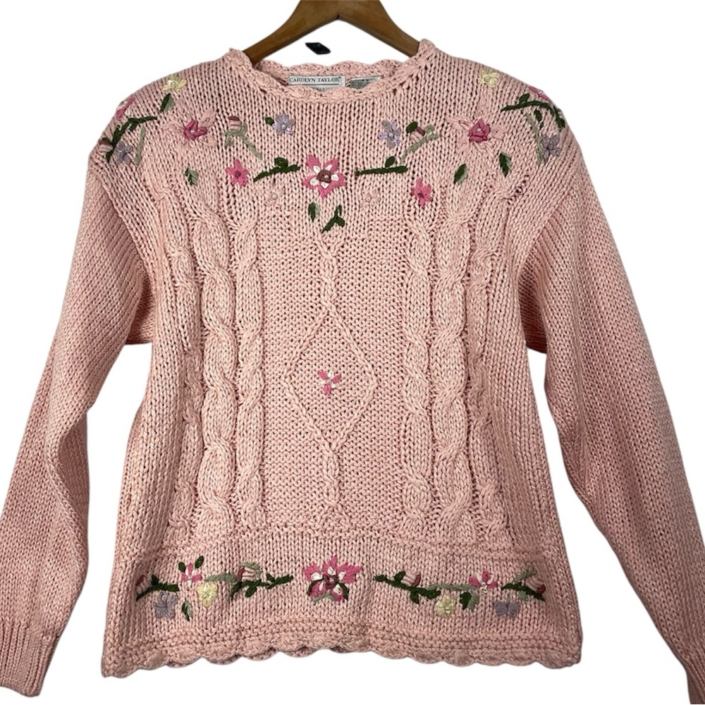 VTG Carolyn Taylor Granny Knit Sweater MED Feminine Pink Floral Winter Cottage